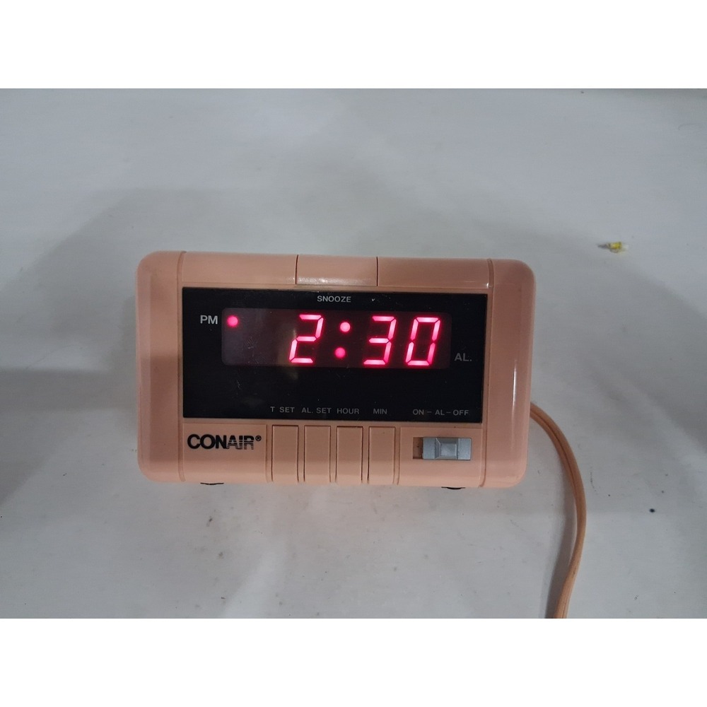Vintage 80's Conair Kick-Standing Digital Alarm Clock Pink Peach Retro Works